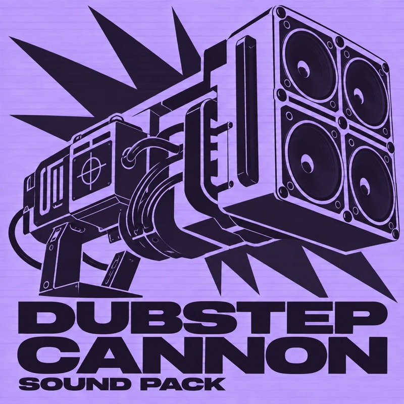 Dubstep Cannon Sound Pack cover: a speaker cannon blasting bass on lavender