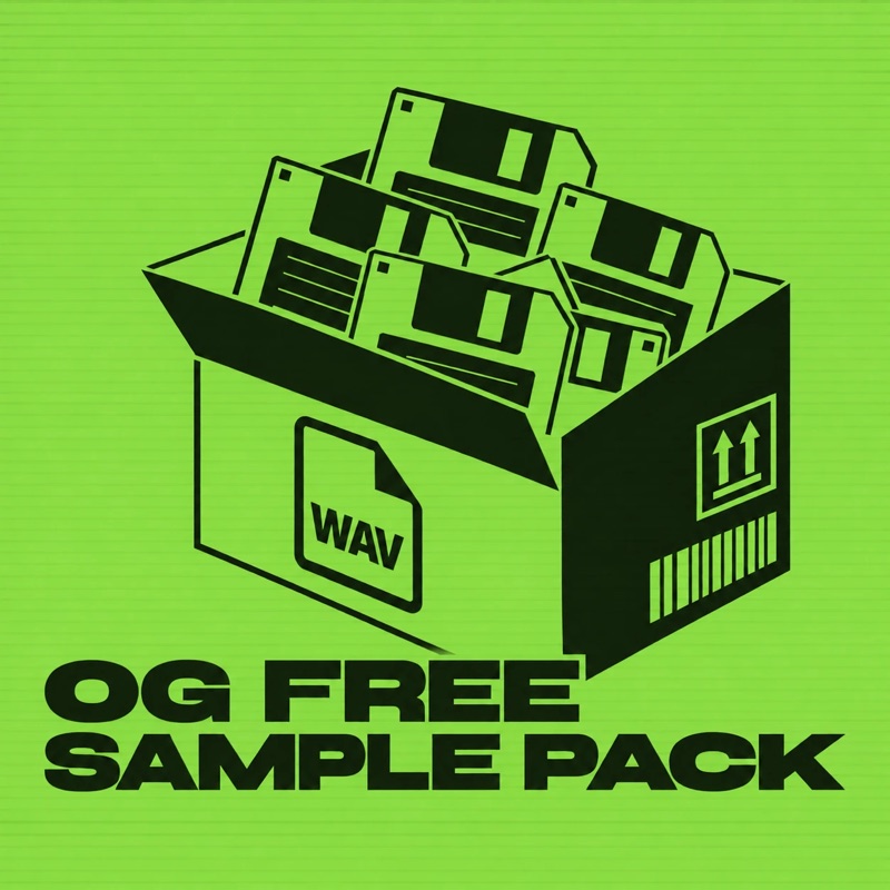 OG Free Sample Pack cover: floppy disks and a WAV file in an open box on neon green