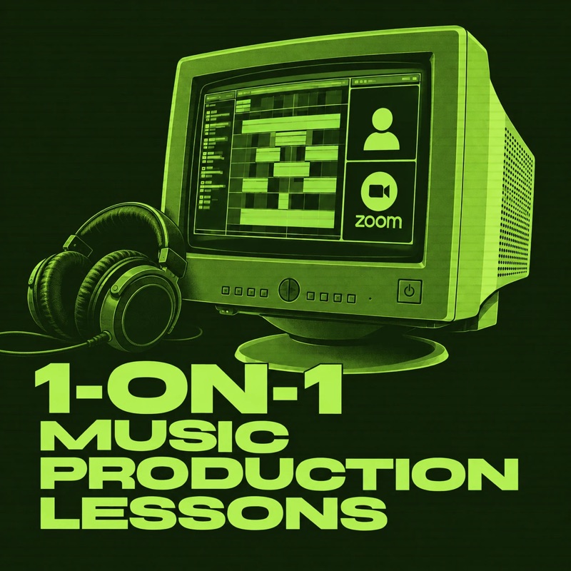 Online Mentorship cover: a retro monitor showing a DAW and a Zoom call, next to headphones